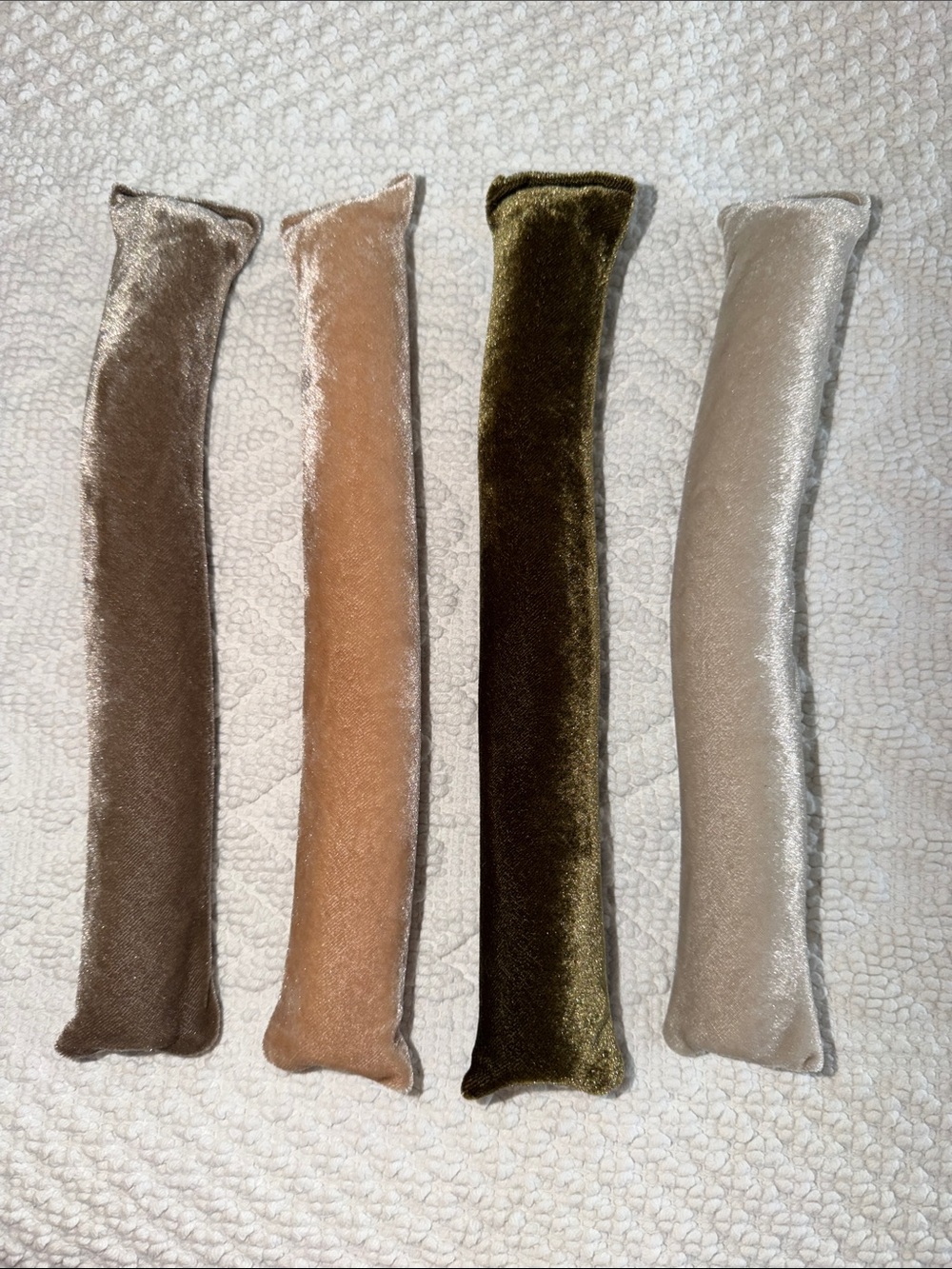 Kitsch Velvet Draft Stoppers in Taupe, Beige, Olive, and Light Gray
